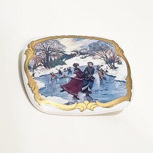 Vintage Mural Ice Skating Winter Scene Gold Framed Brooch Porcelain Christmas 1"